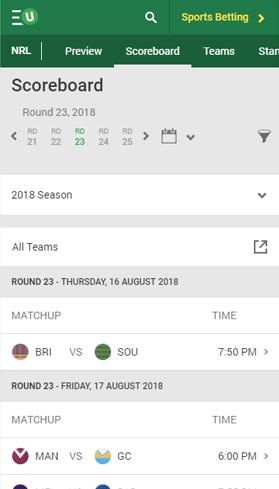 iSport Genius' Unibet scoreboard page showing NRL games